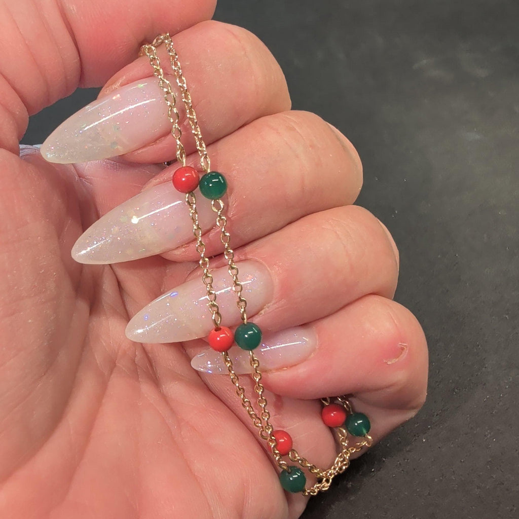 1900s Antique 18k Gold Coral Chrysoprase Beaded Chain Bracelet, 19 cm, 4mm Gemstone Beads, 3.90g Estate Jewelry Gift for Her