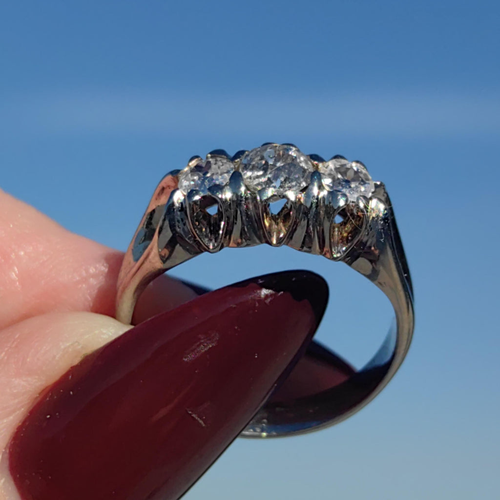 Diamond 18K Solid White Gold Vintage 1930s Art Deco Engagement Three Stone Setting Diamond Engagement Band Ring, Thick Statement Ring