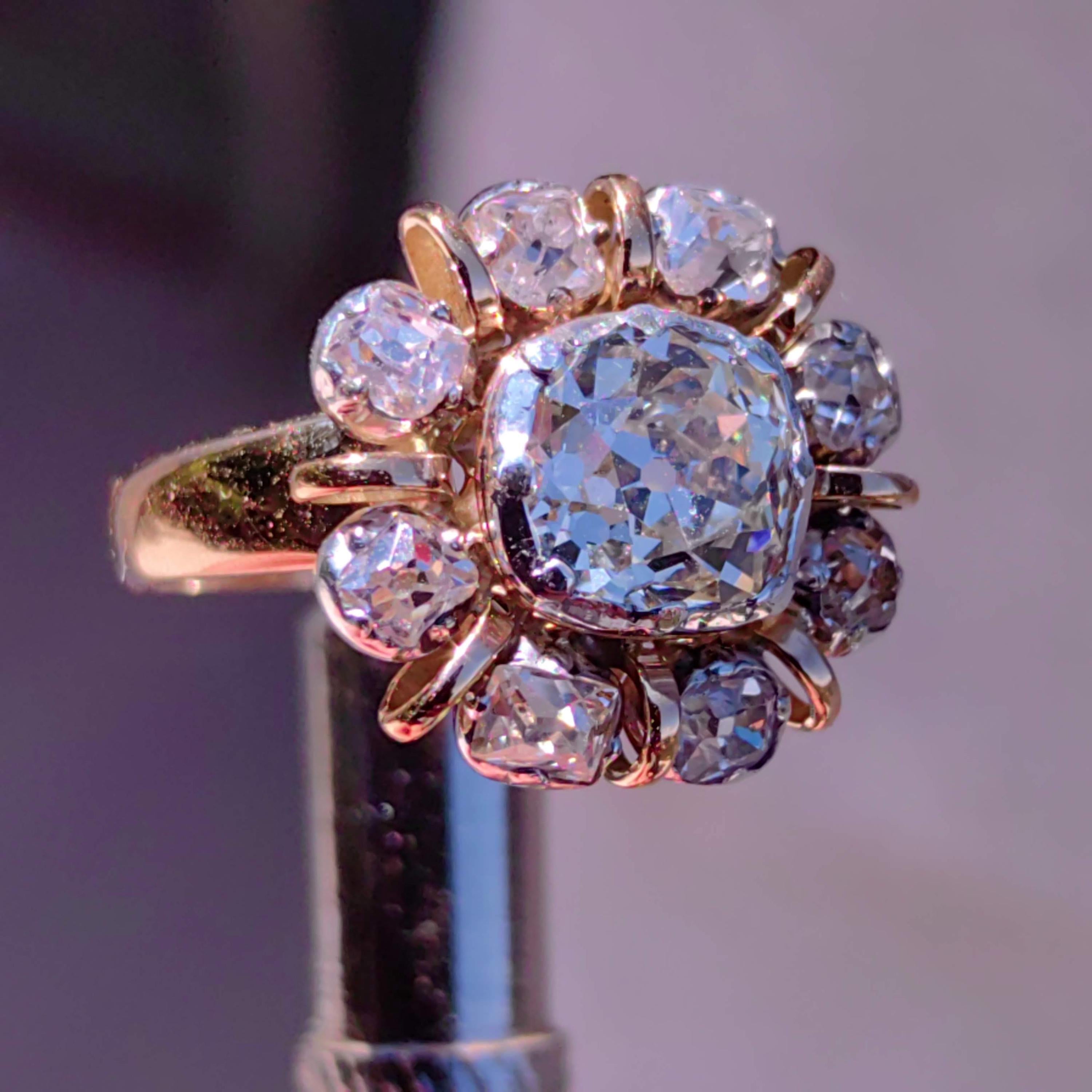 Georgian 18k Yellow Gold Diamond Floral Engagement Ring: Antique Statement Ring