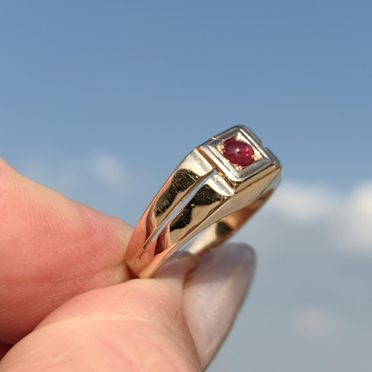 Art Deco Ruby Ring: 14K Yellow Gold Geometric Vintage Engagement