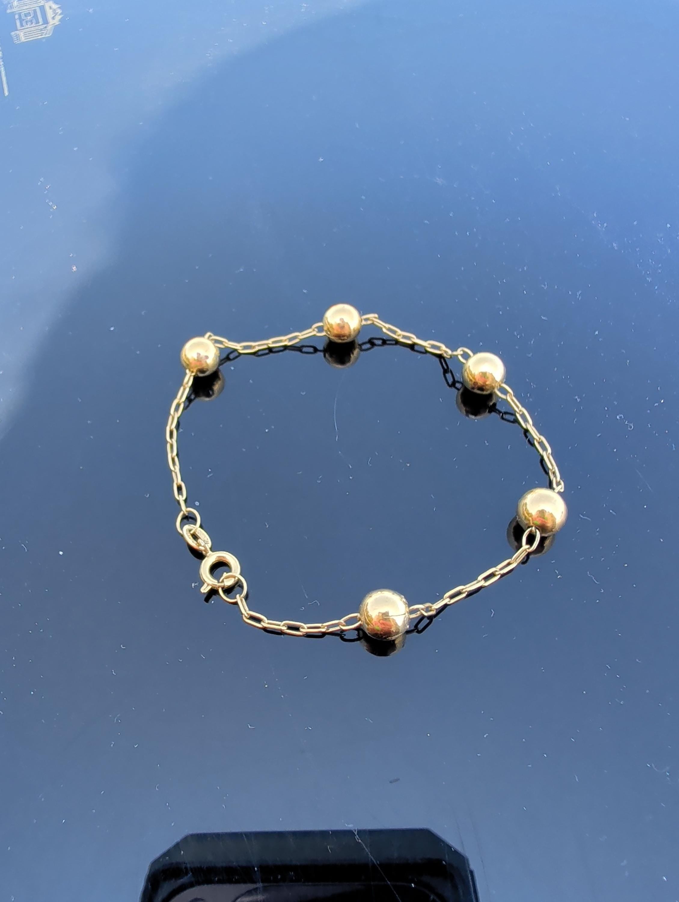 18k Solid Yellow Gold Link Ball Chain Bracelet, Hallmarked Handmade beads bracelet, Vintage Antique Style Unisex Gift Bracelet, 20cm, 3 gr