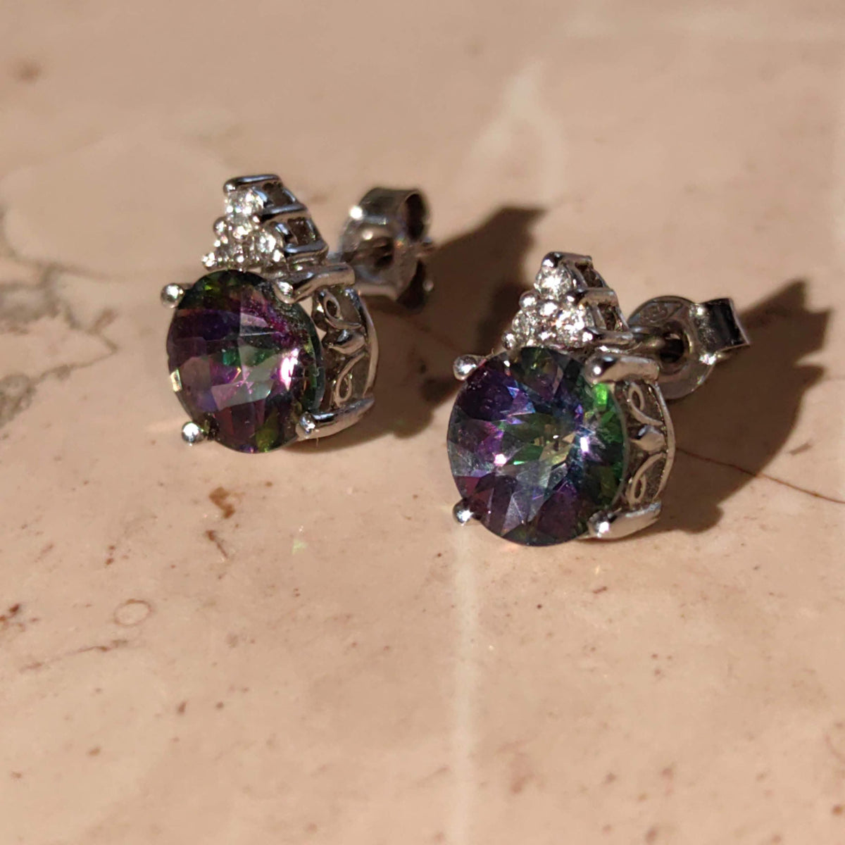 Mystic Topaz Diamond White Gold 14k Solid Gold Stud Cluster Antique Vintage Earrings