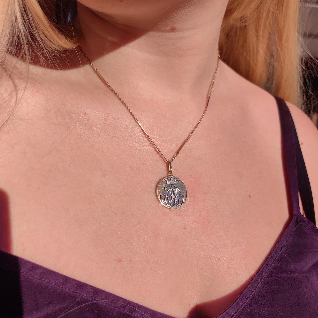 1900s Initial Solid 18k Hallmarked Yellow White Gold Crown Royal Aristocratic Pendant  C J Initial Name Necklace Charm Medal Gift