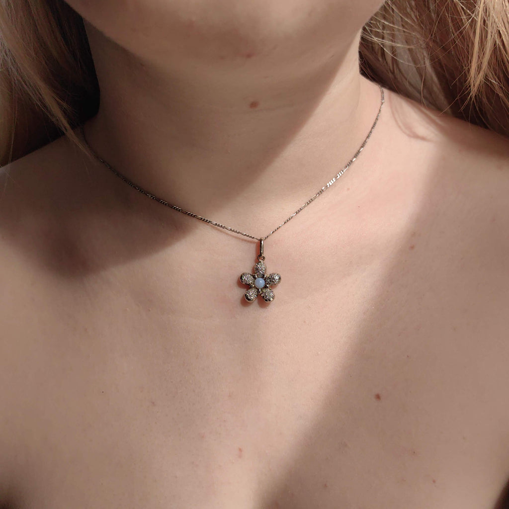 Art Deco Diamond Moonstone Flower Pendant: 18k White Gold Charm