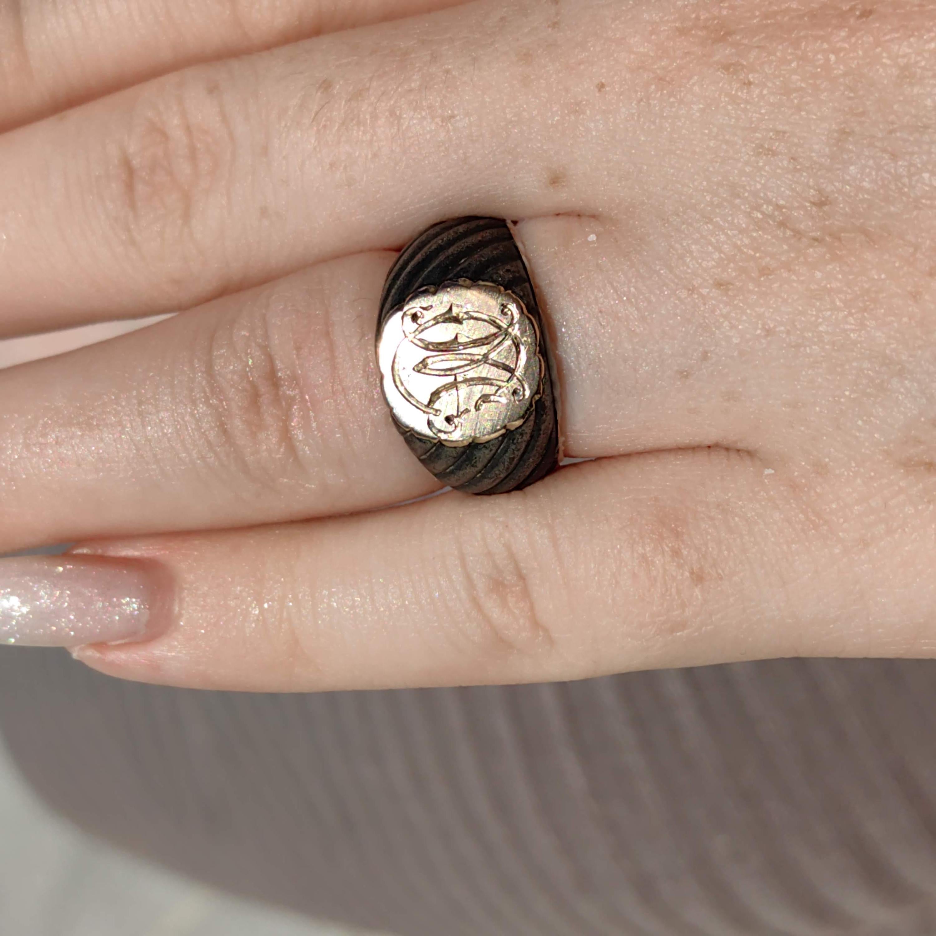 Victorian 14k Gold Initial Signet Ring: Antique Coat of Arms Seal