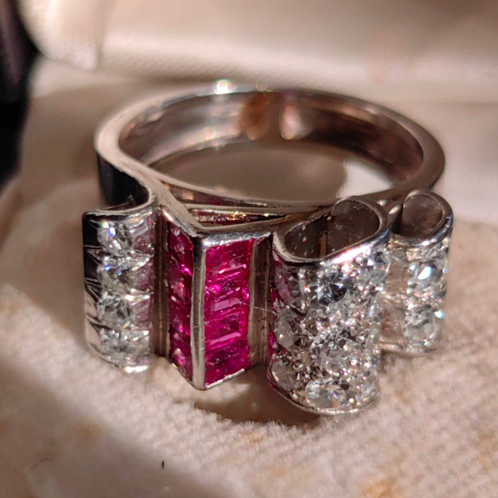 1930s Art Deco Platinum Ring: Ruby Diamond Chevalier Statement Ring