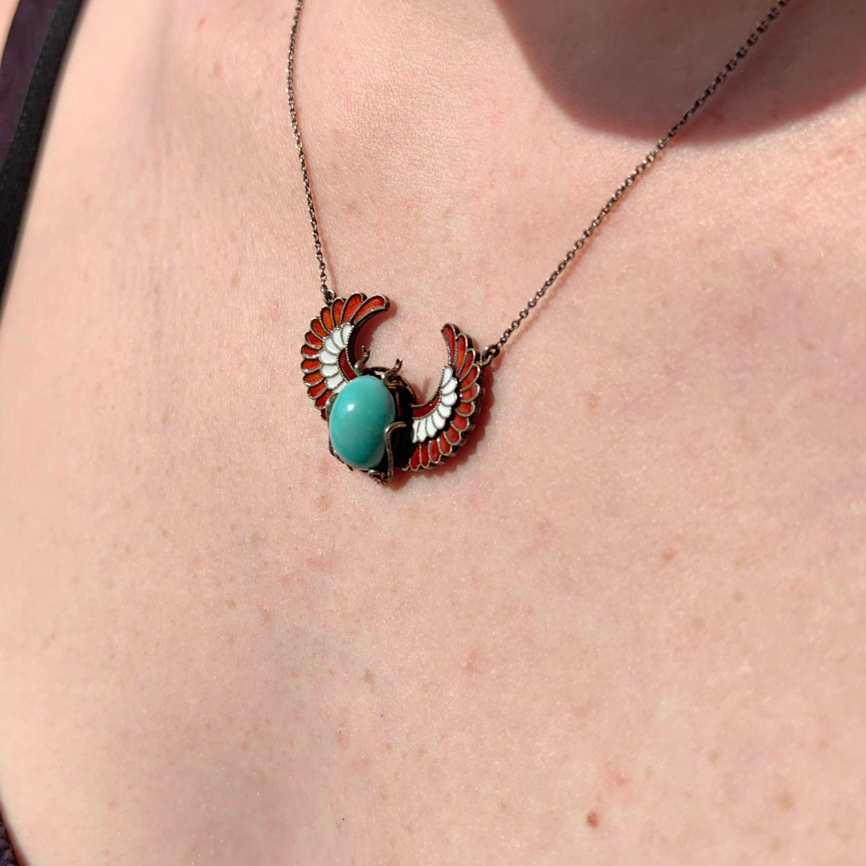 Art Deco Antique Vintage Scarab Ancient Egypt Revival Style Turquoise and Enamel Silver Necklace