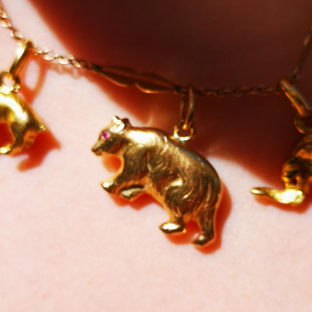 Vintage 18K Gold Bear Charm: Genuine Ruby Eyes