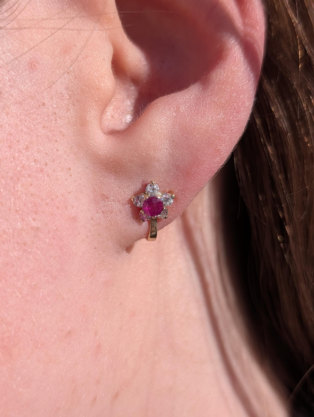 Vintage Ruby Diamond Stud Earrings 14K Gold Floral Earrings Natural Ruby Diamond Antique Latch Back Earrings Gift for Her