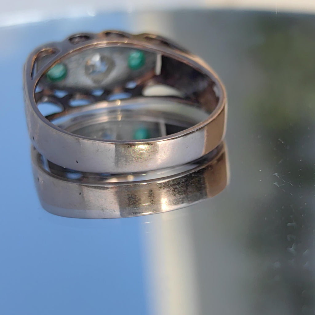 Antique 14k Gold Emerald & Diamond Ring: 1920s Art Deco Statement