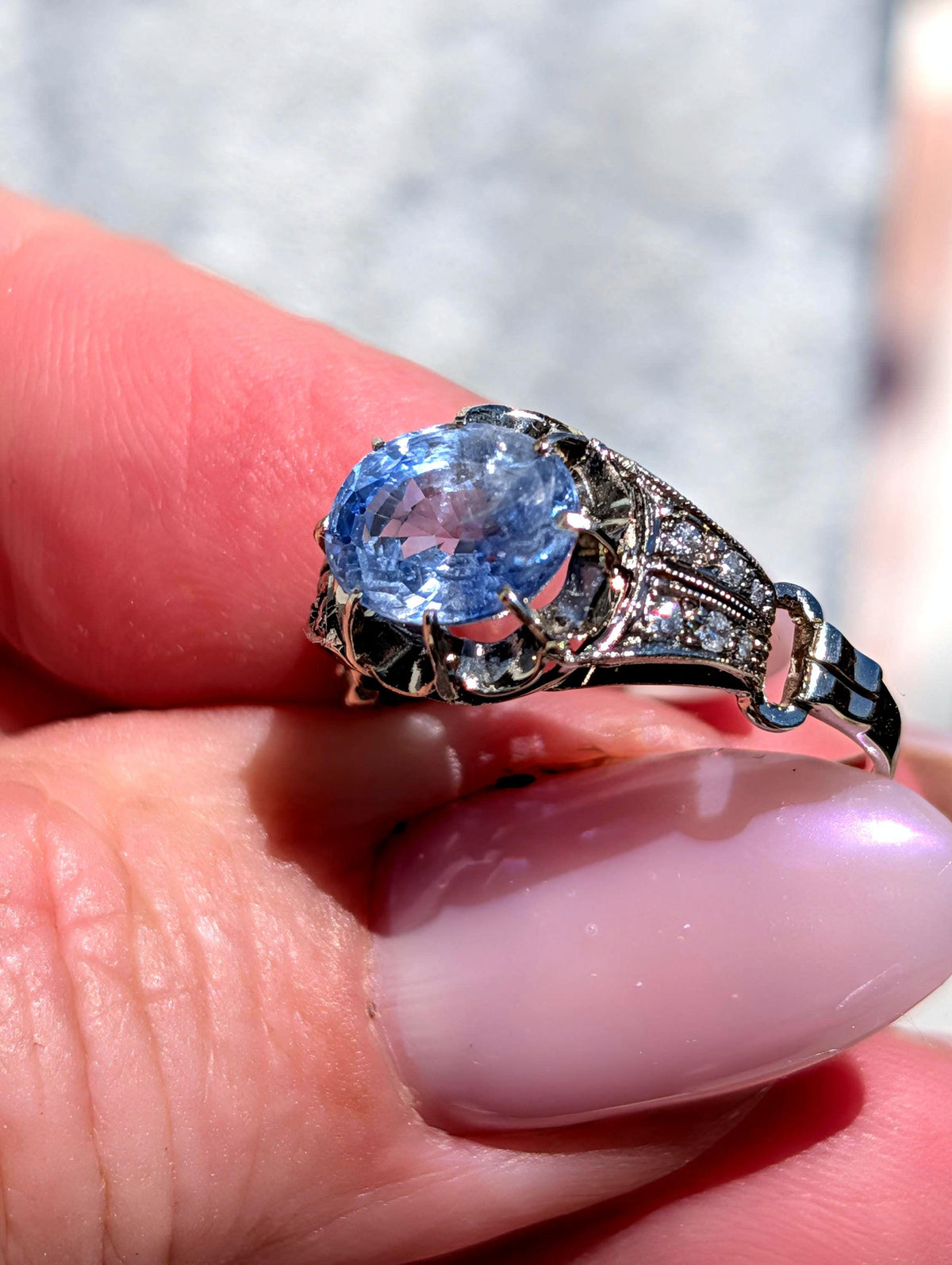1910s Edwardian Natural Sapphire Diamond Ring 14k White Gold Cornflower Genuine Blue Sapphire Engagement Art Deco, Size 7.5 US.
