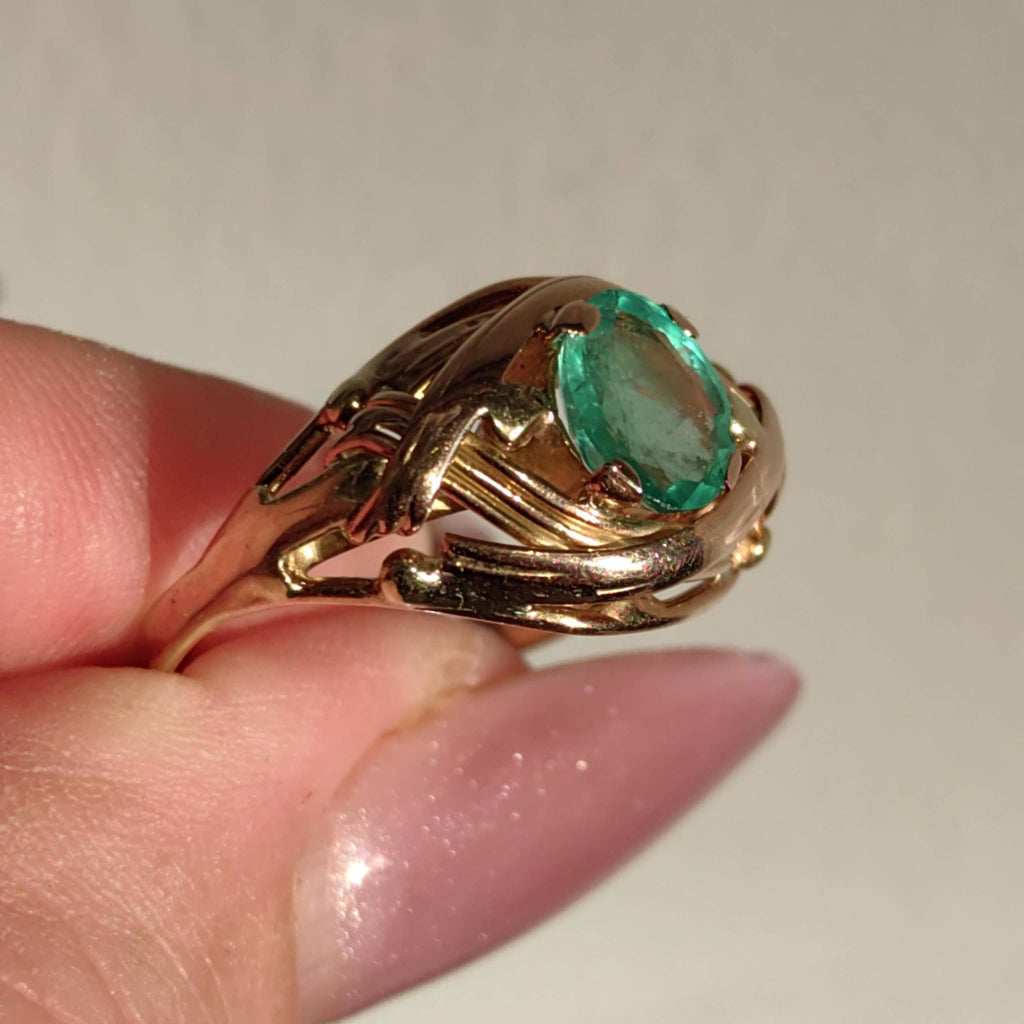 Art Nouveau 1900s Emerald Hallmarked 14k 585 Solid Yellow Rose Gold Antique Vintage Oval Natural Stone Band Solitaire Ring Gift Present