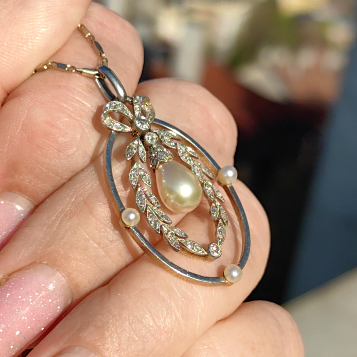 Art Nouveau Diamond Pearl Pendant: 18k Gold Platinum Edwardian Jewelry