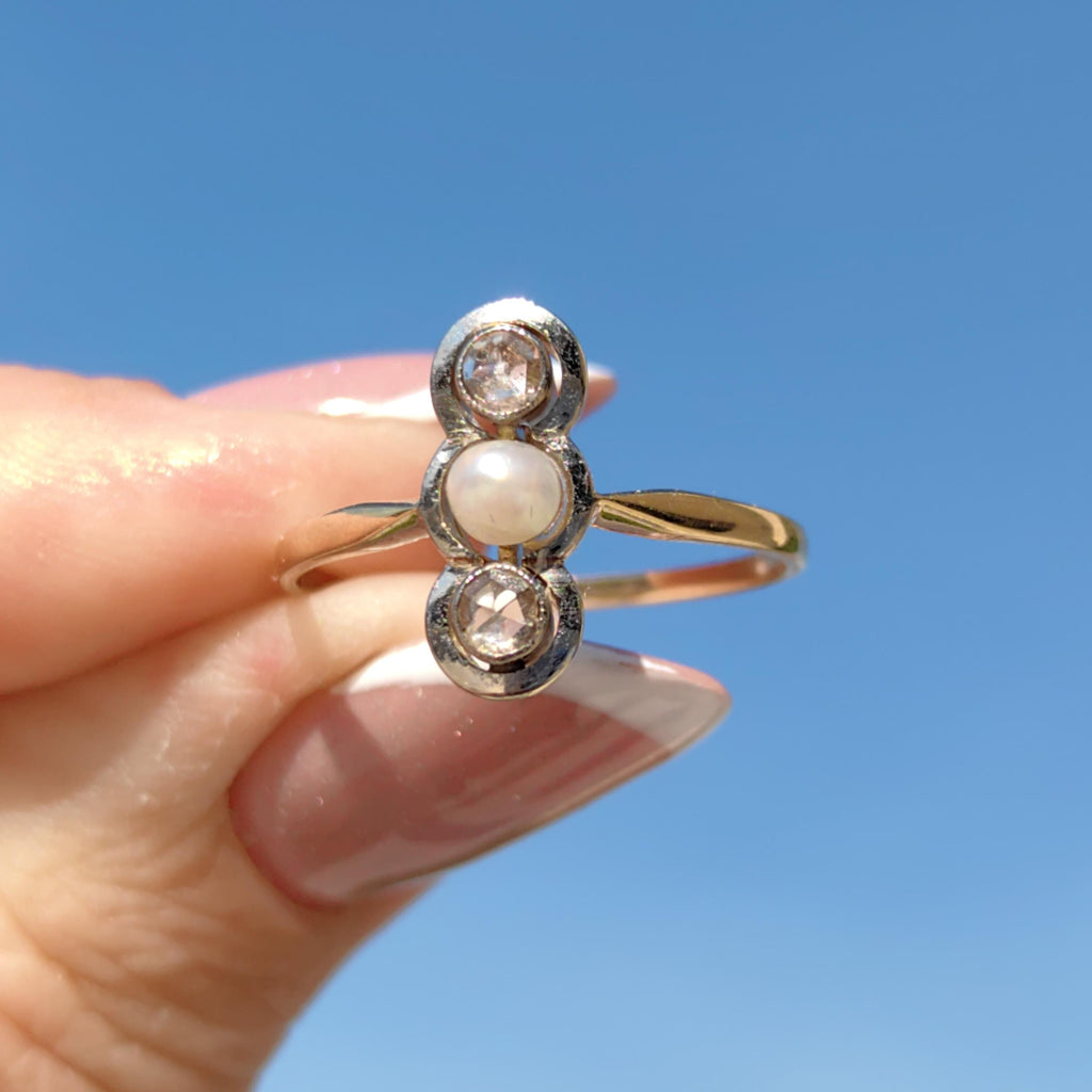 Art Nouveau Pearl Engagement Ring: Diamond 18k Gold Antique Three-Stone