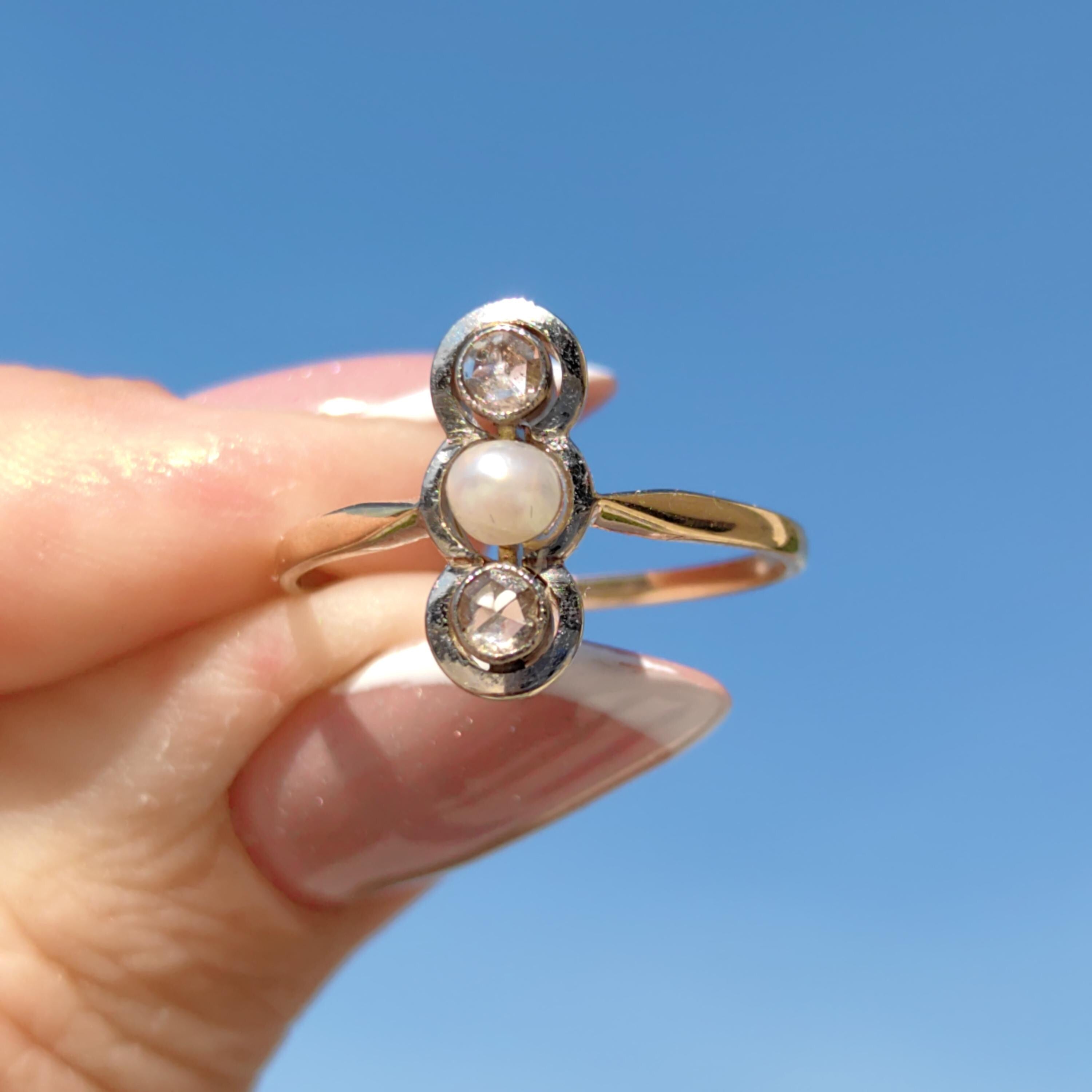 Art Nouveau Pearl Engagement Ring: Diamond 18k Gold Antique Three-Stone