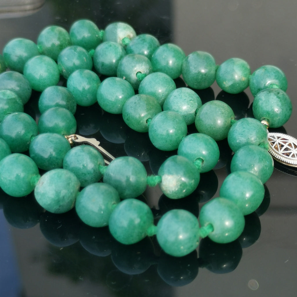 1930s Art Deco Natural Green Aventurine Beaded Statement Elegant Necklace Sterling Silver Clasp Gift for Her Present
