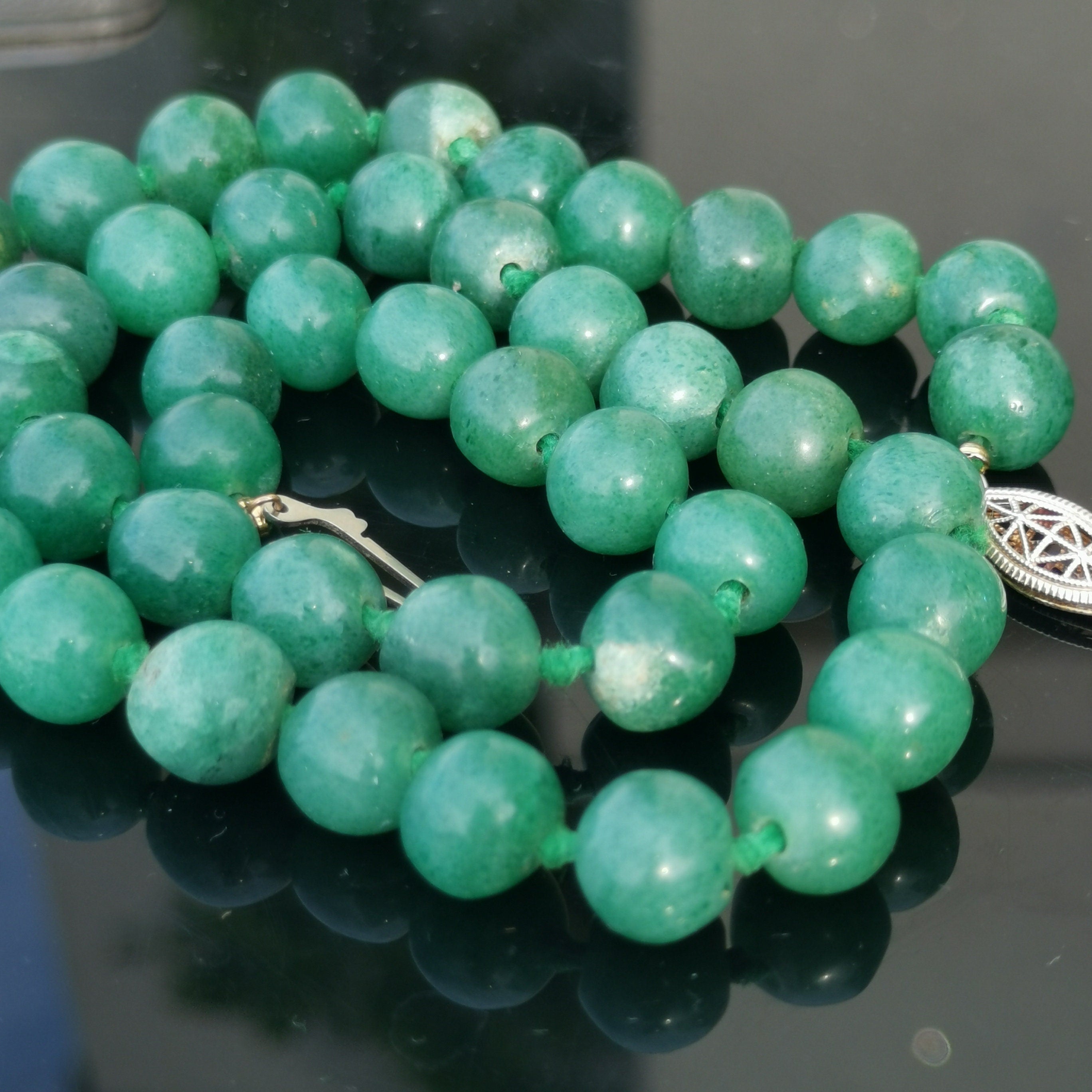 1930s Art Deco Natural Green Aventurine Beaded Statement Elegant Necklace Sterling Silver Clasp Gift for Her Present