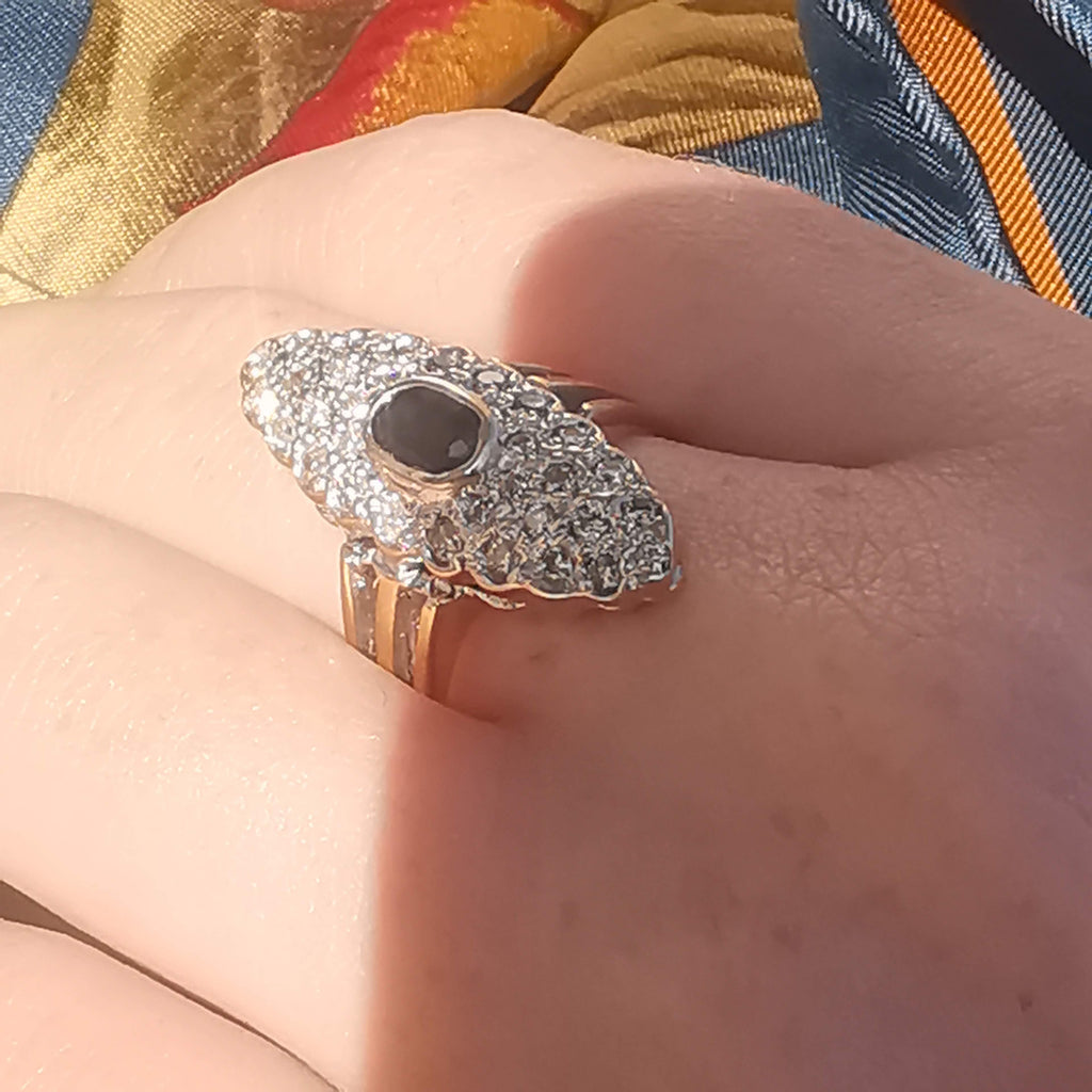 Sapphire and Diamond Marquise  14k Solid Gold Art Deco Antique Ring