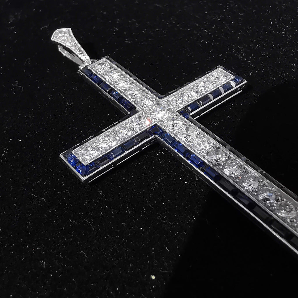1920s Art Deco Platinum Cross Pendant: Diamond & Sapphire Antique