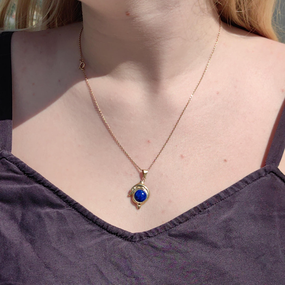 Lapis Lazuli Dolphin Pendant: 14k Yellow Gold Vintage Charm