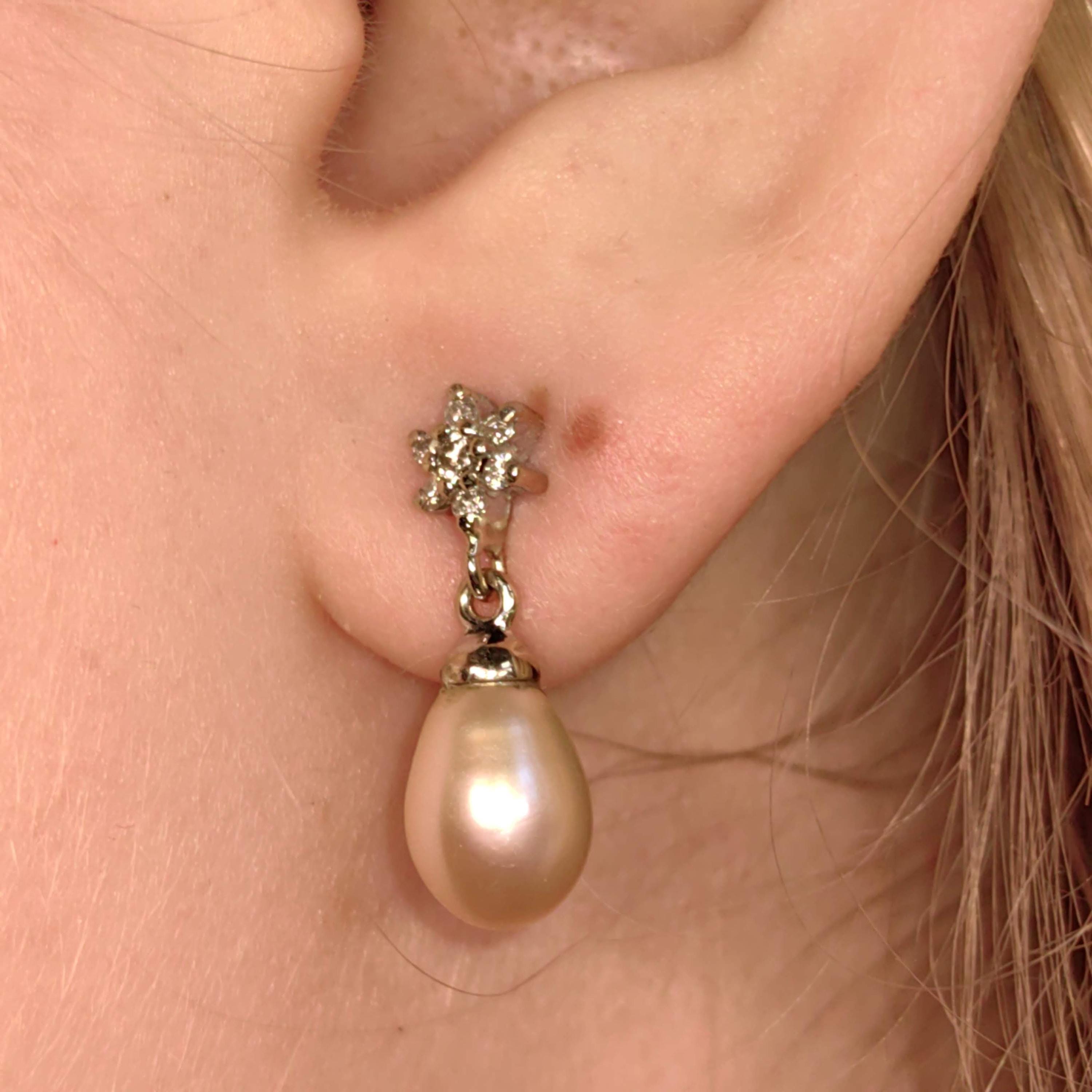 Vintage Diamond Pearl Drop Solid White 18k  Gold Dangle Elegant Dainty Earrings Gift for her wife romantic present Christmas birthday