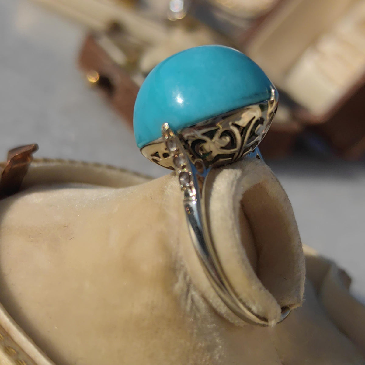 1920s Art Deco 18K White Gold Natural Blue Turquoise Diamond Ring, French Hallmark Antique Statement Engagement Jewelry