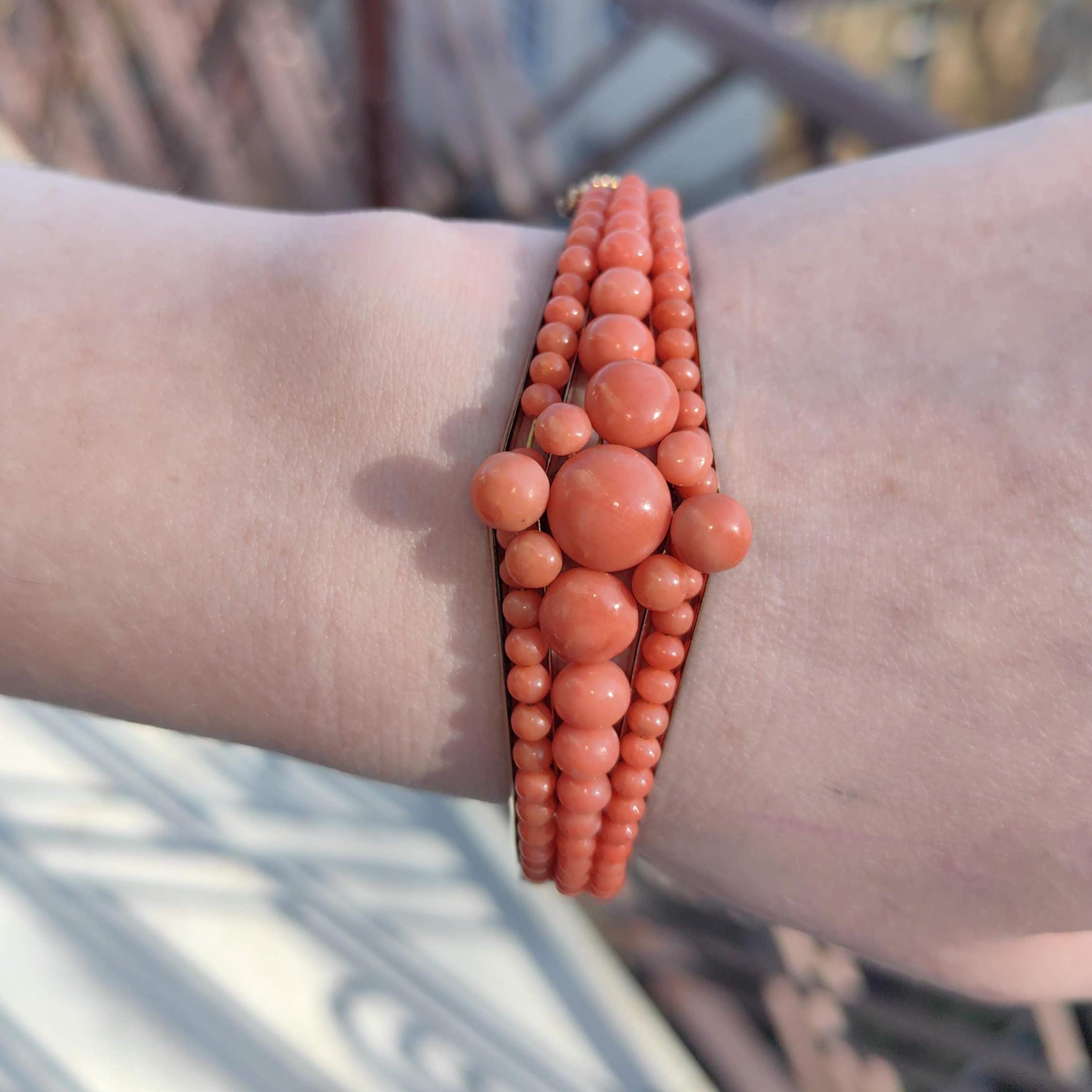 Victorian Coral Bracelet Gold Plated Silver Hinged Bangle Antique Coral Bead Statement Jewelry US Duty Free HTS 9706
