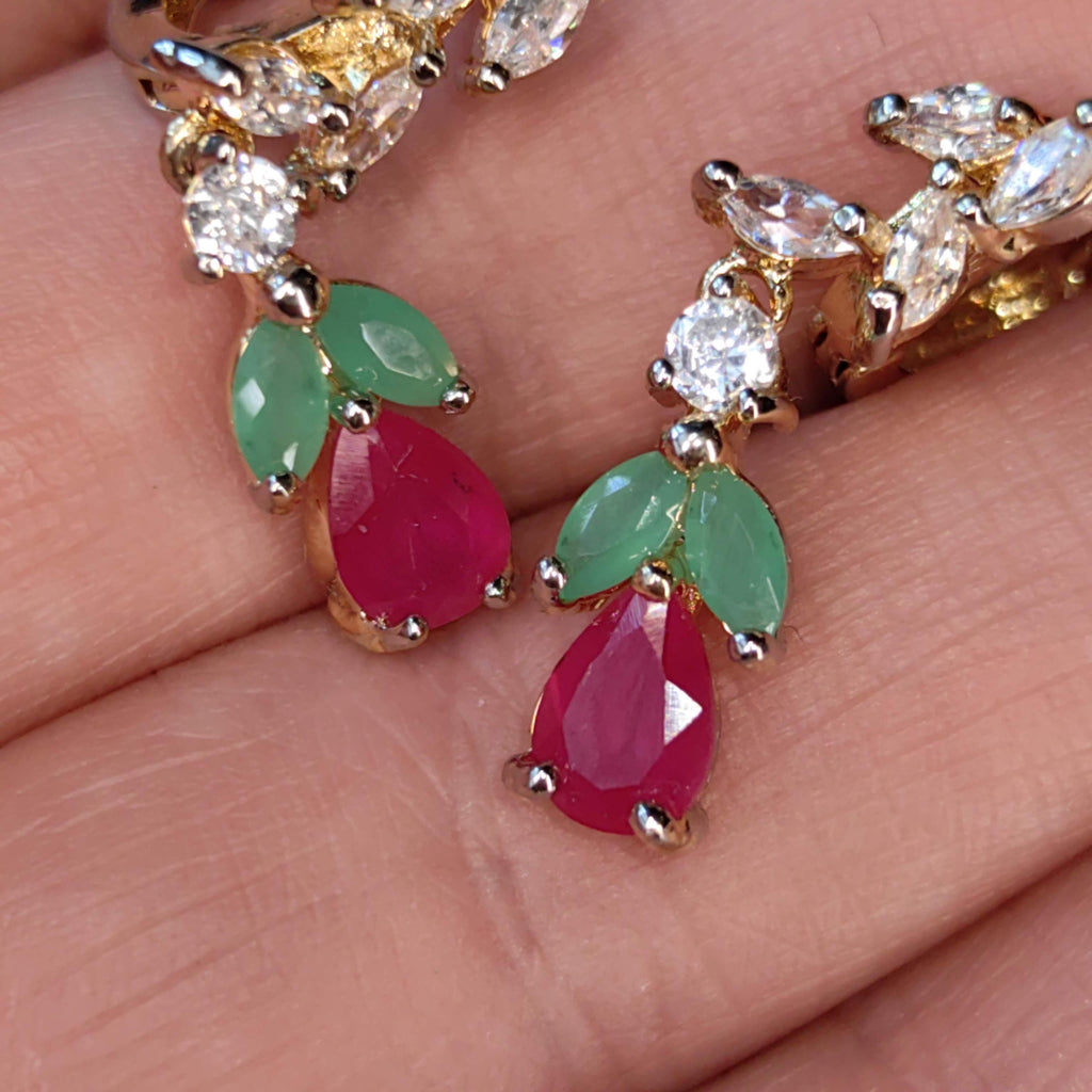 9k Gold Floral Dangle Earrings: Ruby, Emerald & Cubic Zirconia