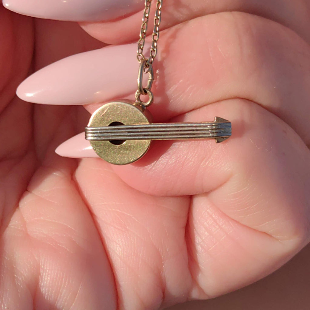 1920s Art Deco 14k Yellow Gold Banjo Pendant Charm