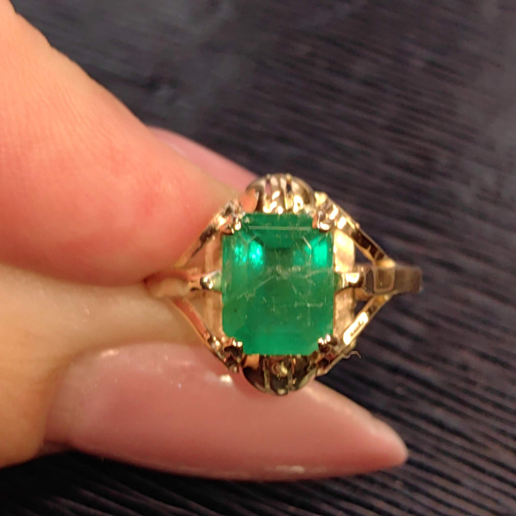 Art Nouveau 1900s Emerald Ring, Fine 14k Yellow Gold Antique Solitaire Ring, Natural Green Emerald Gift for Her, Size US 6.75 EU 54