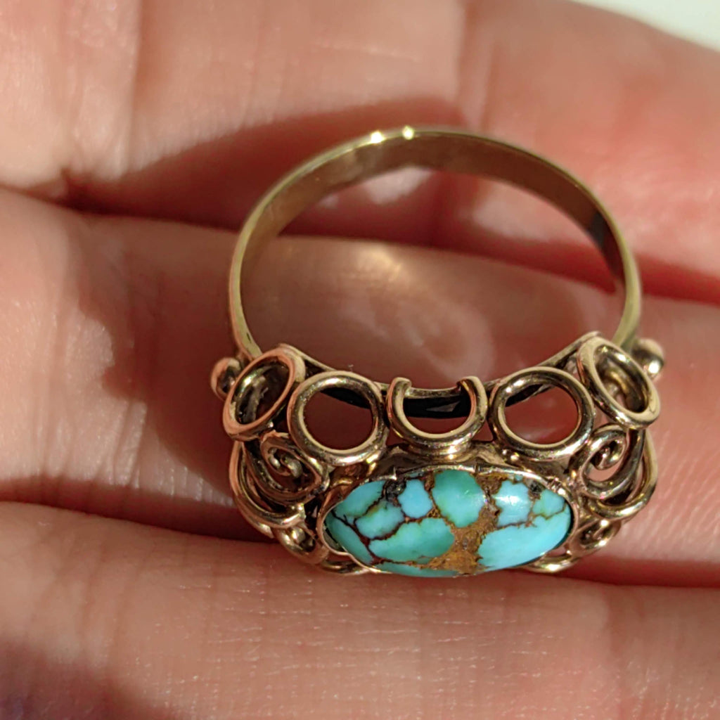 Art Deco Natural Blue Turquoise Ring, 14k Yellow Gold Antique Statement Ring, 1930s Cabochon Gemstone Vintage Jewelry Gift