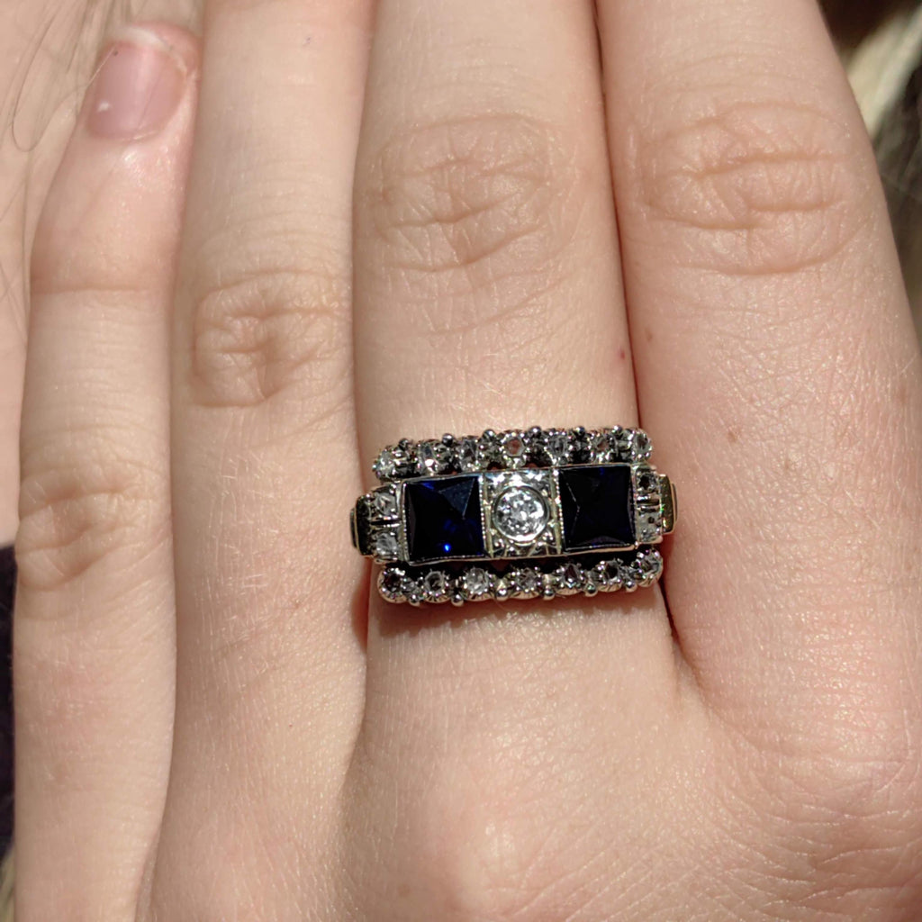 Art Deco 18k Gold Ring: Lab Sapphire & Diamond Chevalier Ring