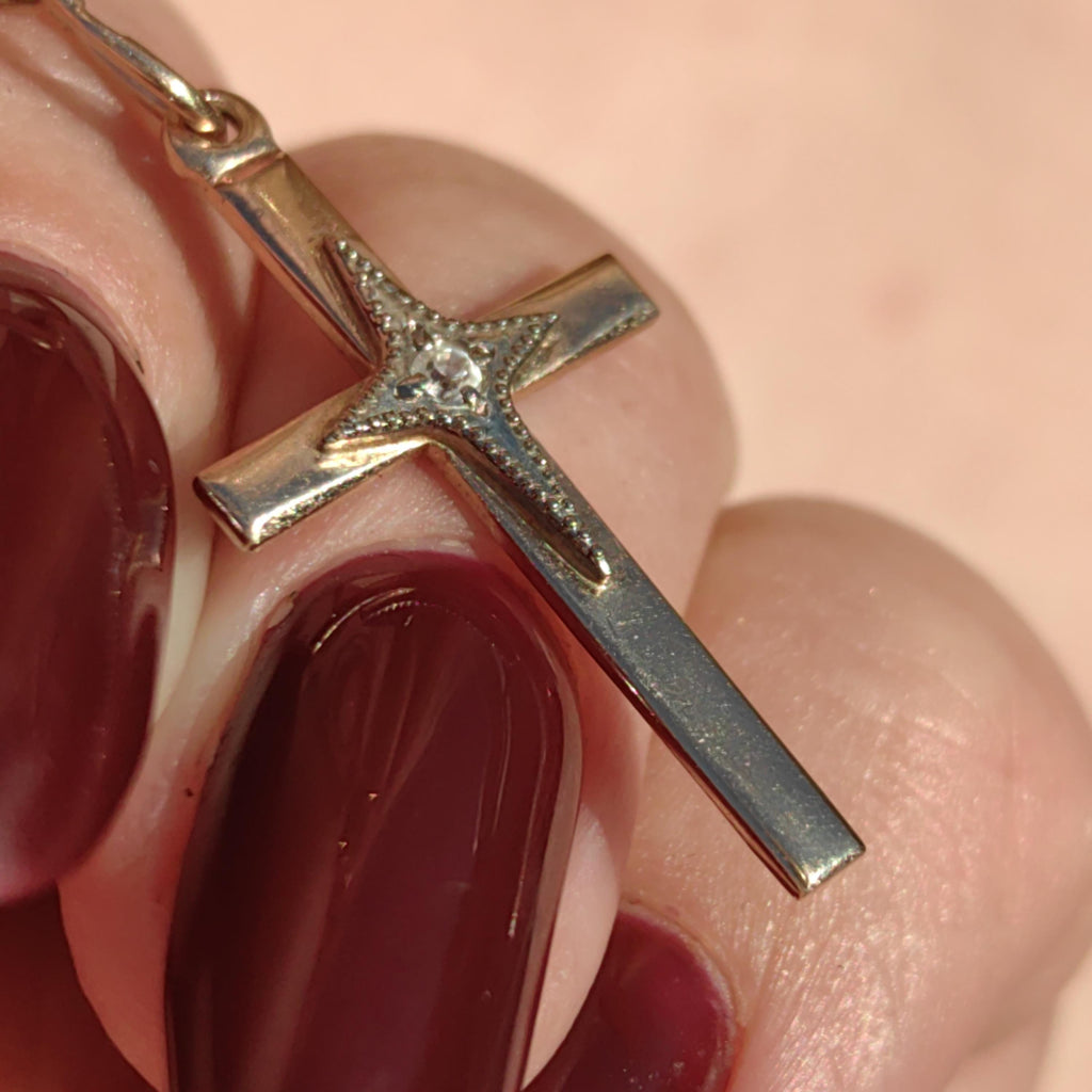 Art Deco 1930s Vintage Solid 14k Yellow Rose and White Gold Diamond Christian Latin Cross Antique Pendant Elegant Gift Present