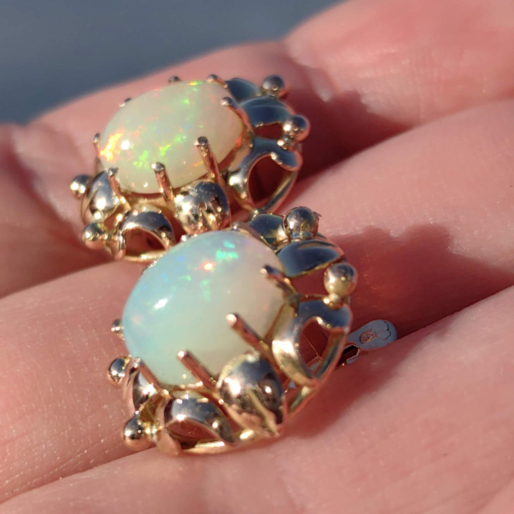 Antique Opal 18k Gold Earrings: Handmade Floral Art Nouveau Jewelry