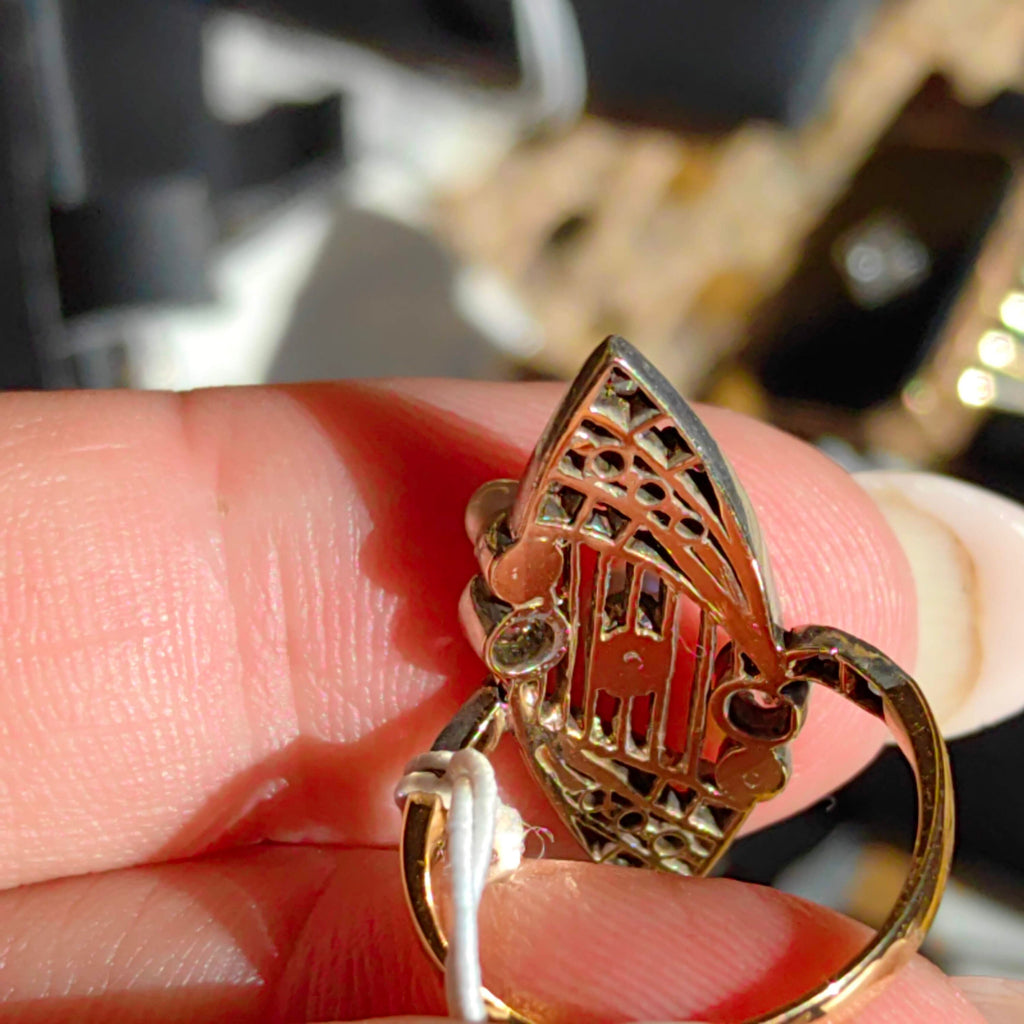 Art Deco Pearl Diamond Ring: 18k Gold Filigree Cocktail Ring