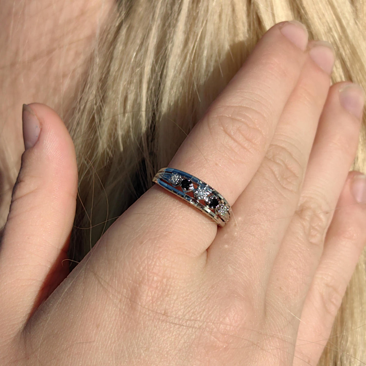 Natural Sapphire Diamond 14k 585 Hallmarked Solid White Gold Engagement Ring, Vintage Antique 1960s Elegant Ring Gift for Her