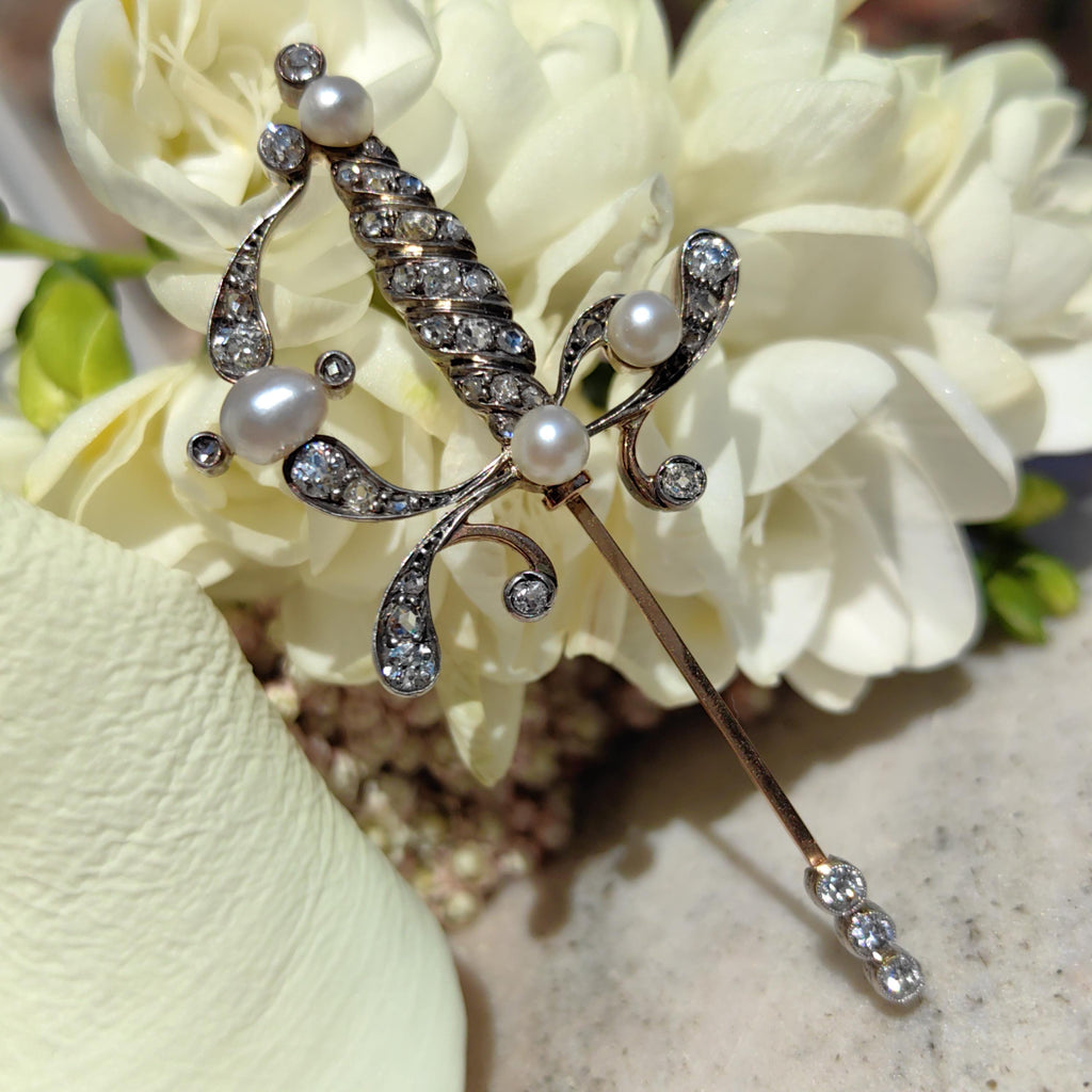 Antique Diamond Pearl Sword Brooch: 14k Gold Edwardian Pin