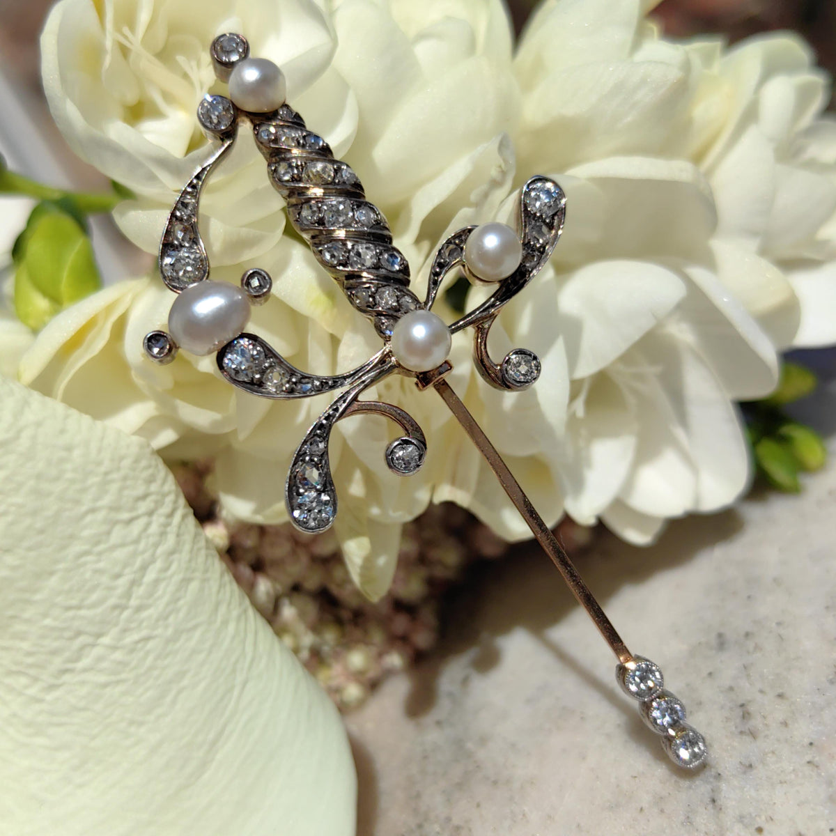 Antique Diamond Pearl Sword Brooch: 14k Gold Edwardian Pin