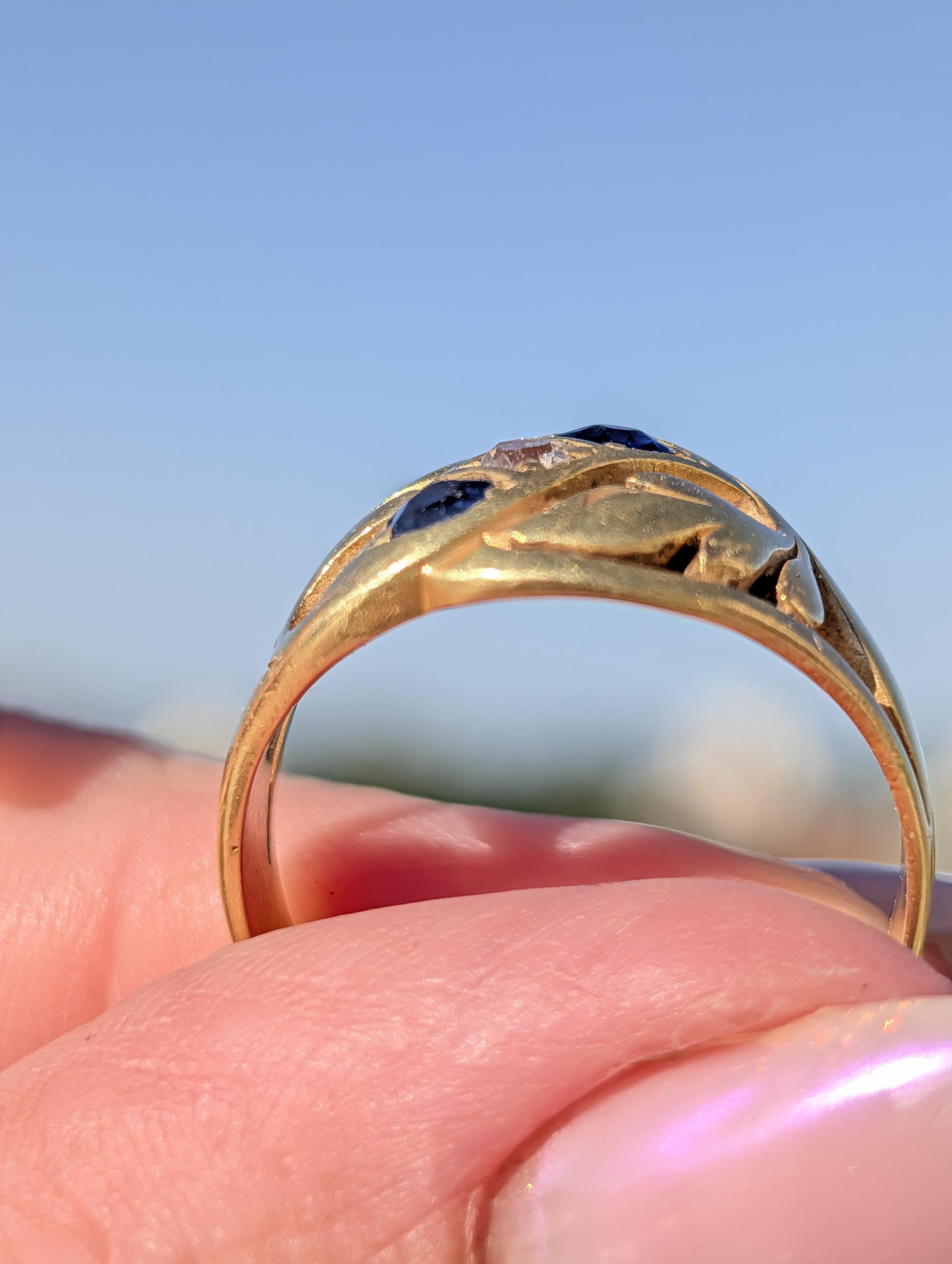 Victorian 1880s Sapphire Diamond Three Stone Ring 19K Gold Laurel Leaf Wide Band Antique US Duty Free HTS 9706