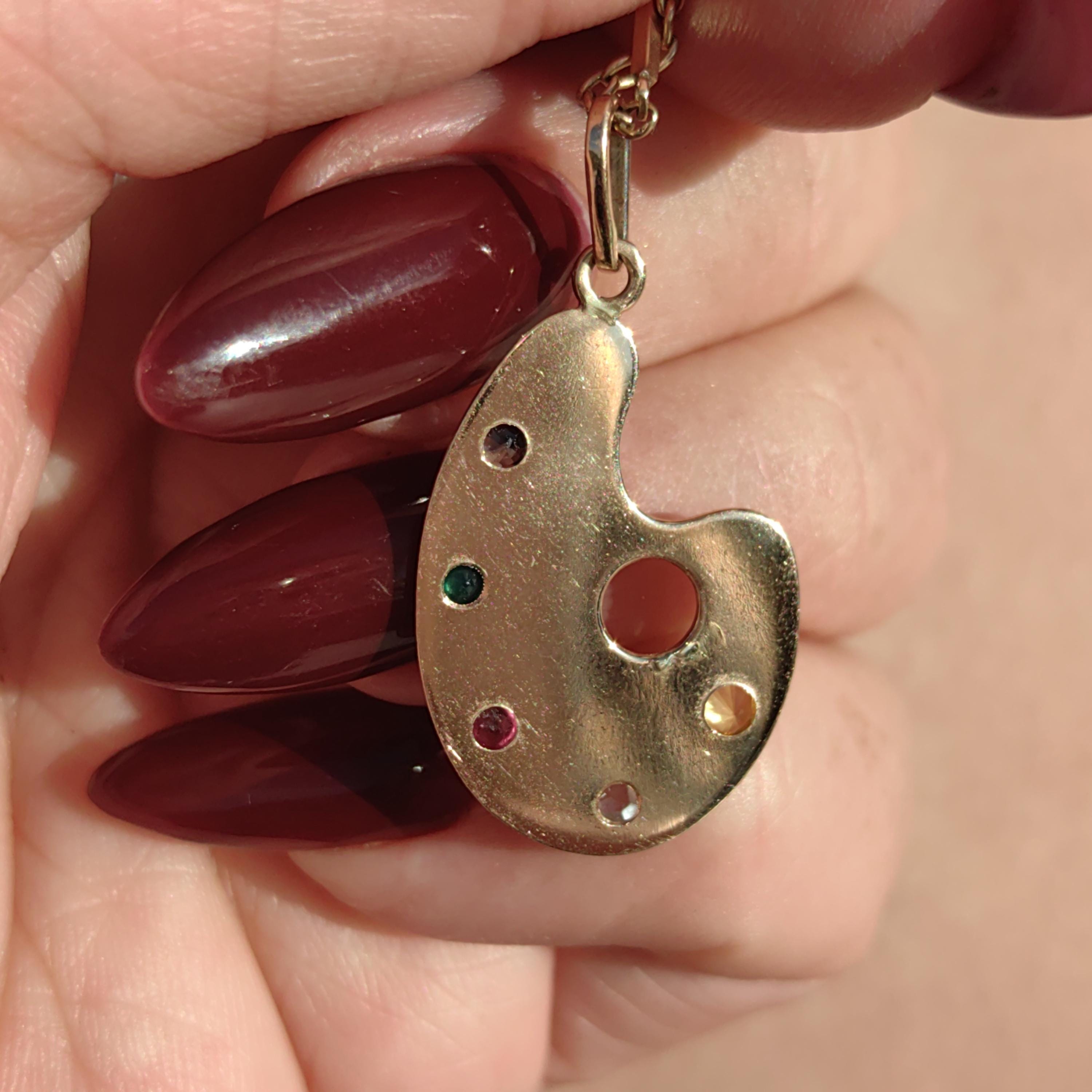 Vintage Solid Hallmarked Gold Paint Colourful Emerald Sapphire Ruby Citrine Diamond Multi Stone Pendant Art Painter Artist Creative Charm