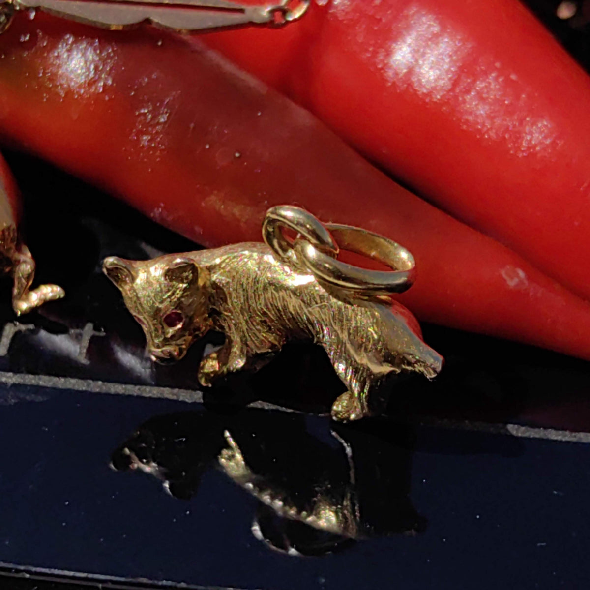 18K Gold Hyena Charm: Vintage Ruby Pendant Necklace