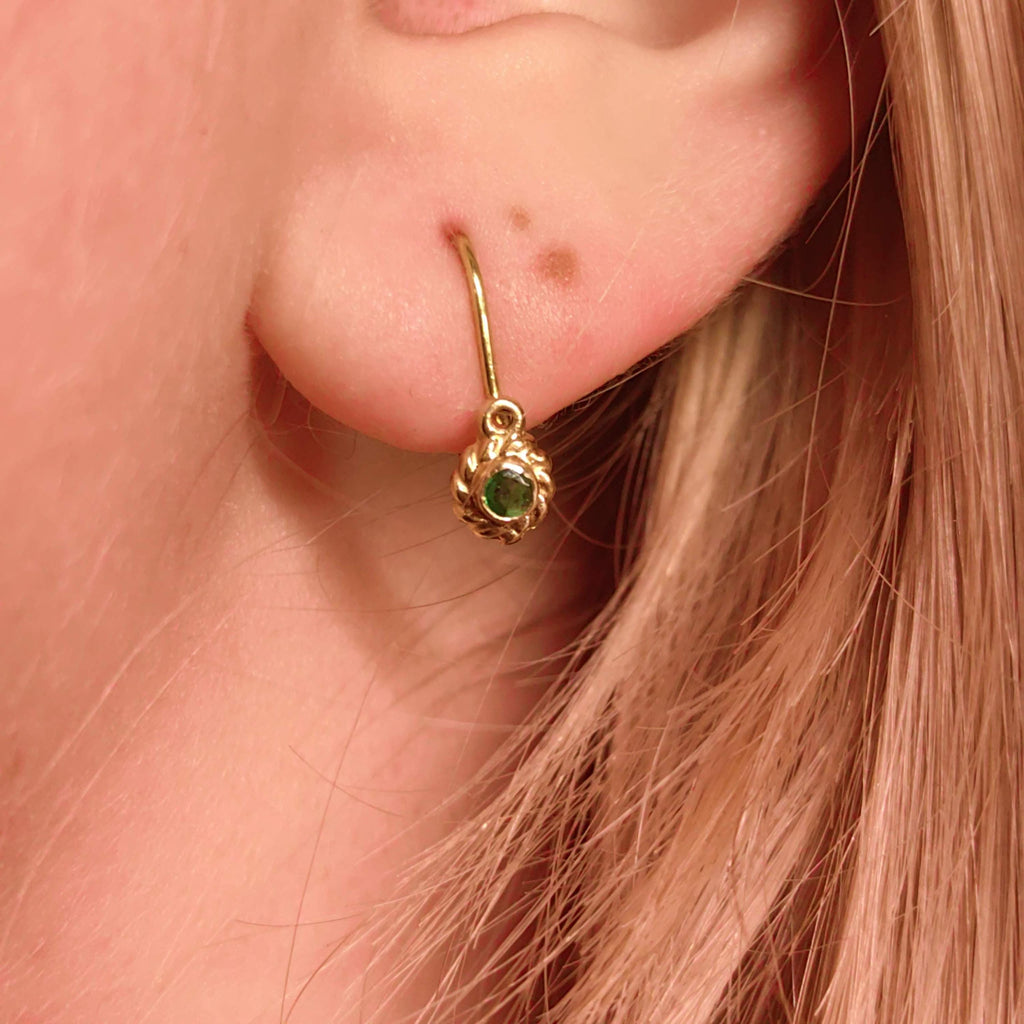 14k 585 Hallmarked Gold Heart Natural Emerald Solid Hallmarked Yellow Champagne 1950s Mid Century Dormouse Gift for her Antique Earrings
