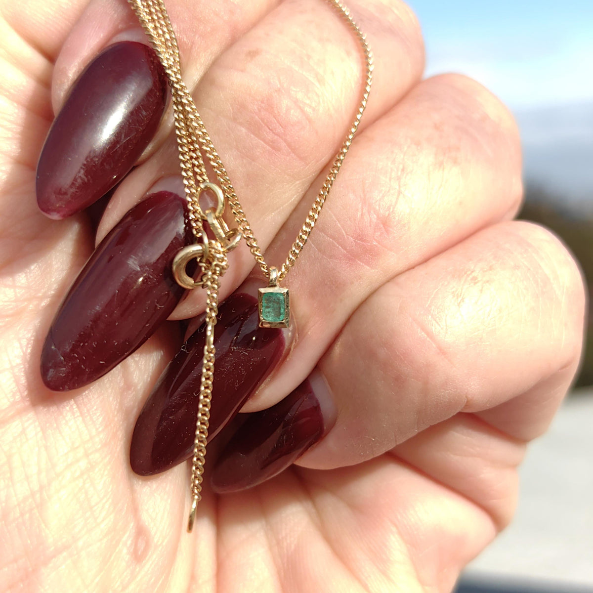 Emerald Gold Baguette Cut Solid Hallmarked Yellow Gold Long Pendant Necklace Antique Vintage 1980s Necklace Gift for her