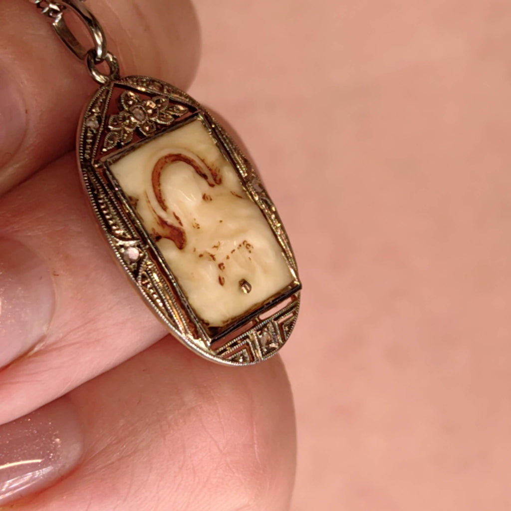 Vintage 1930s Diamond Bone Hand Carved Cameo 18k Gold Saint Portrait Medal Catholic Antique Present