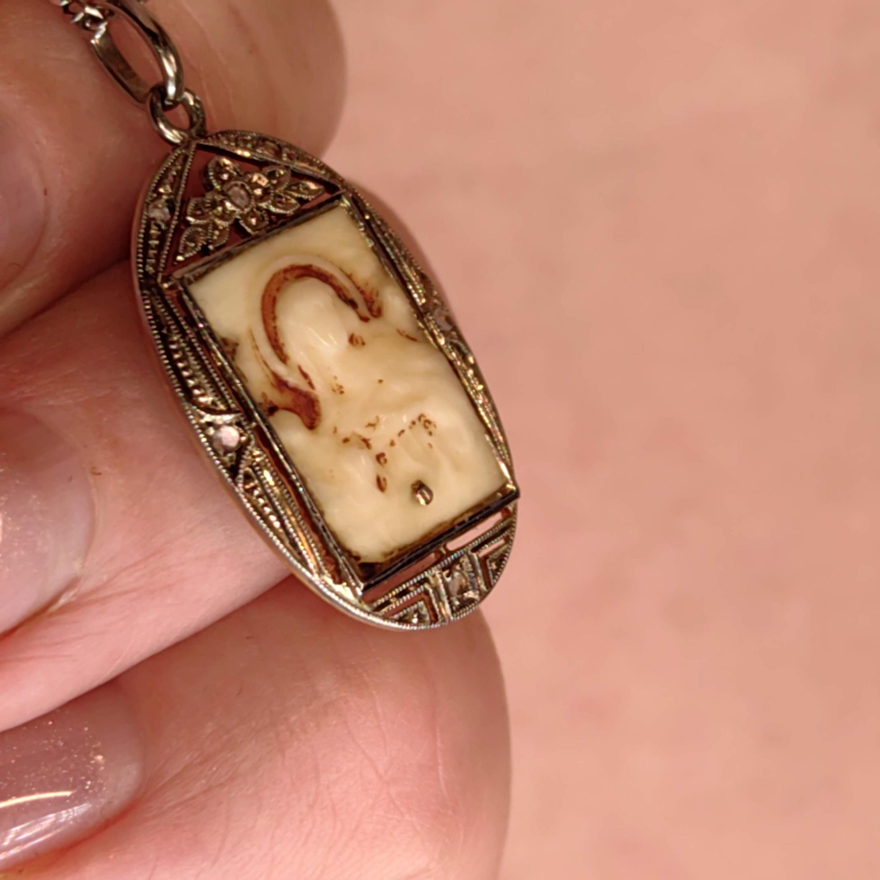 Vintage 1930s Diamond Bone Hand Carved Cameo 18k Gold Saint Portrait Medal Catholic Antique Present
