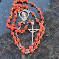 1930s Antique Coral Rosary Necklace: Silver Madonna, Jesus on Cross