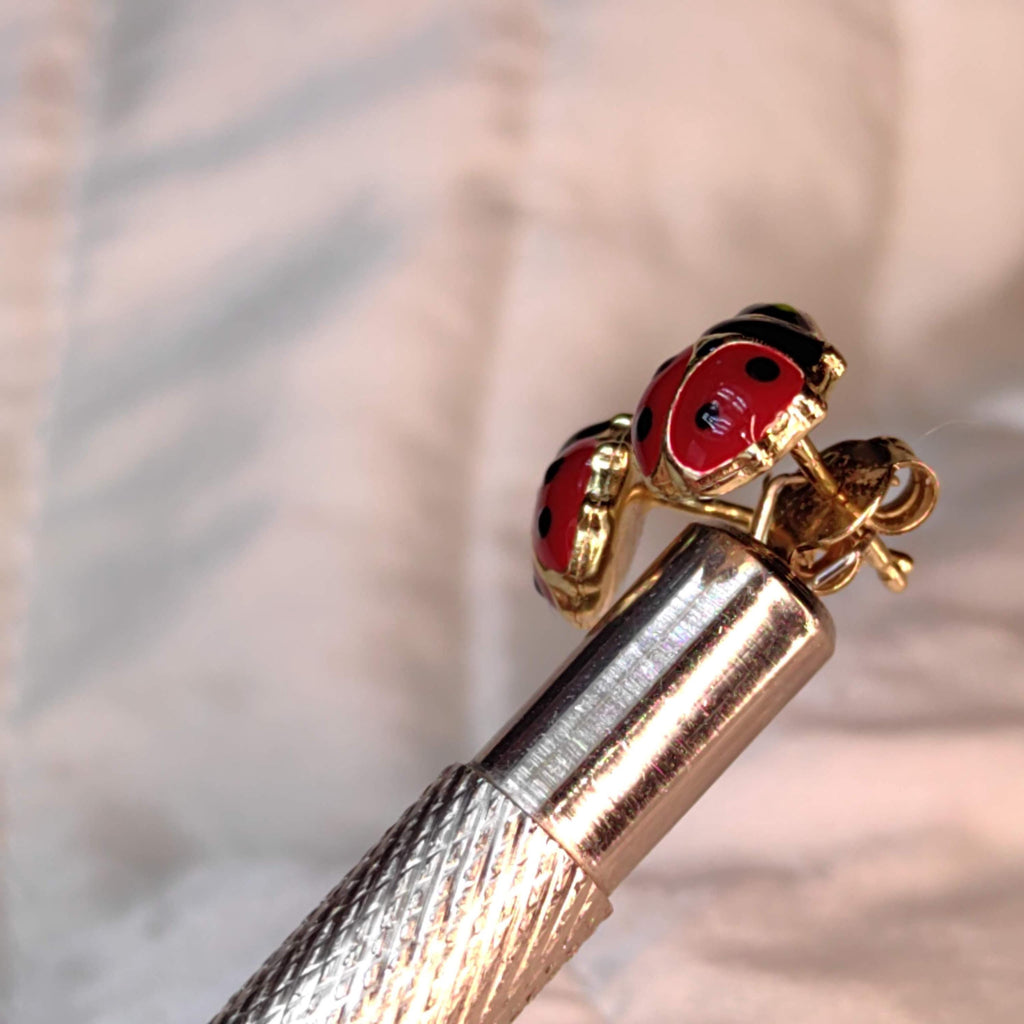 14k Gold Ladybug Stud Earrings: Red & Black Enamel, Retro Dainty Gift