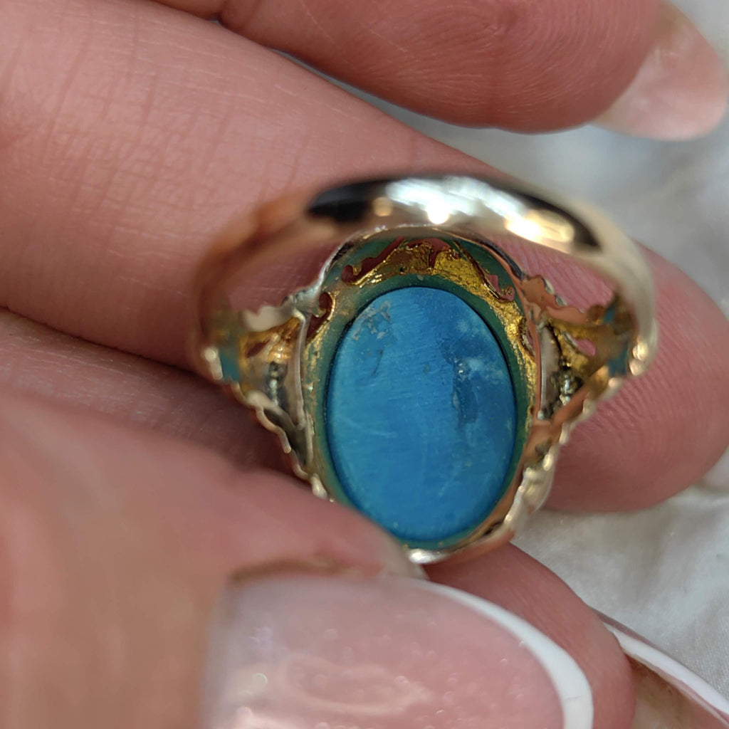 Vintage 14k Solid Yellow Gold Natural Blue Turquoise Ring, Antique 1930s Hand Chiseled Statement Jewelry Gift for Her