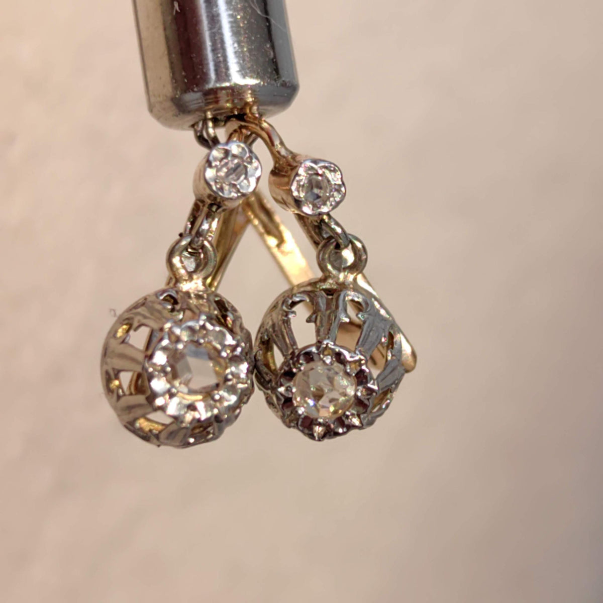 1940s Art Deco Diamond 18k Gold Earrings: Lever Back Dormeuse