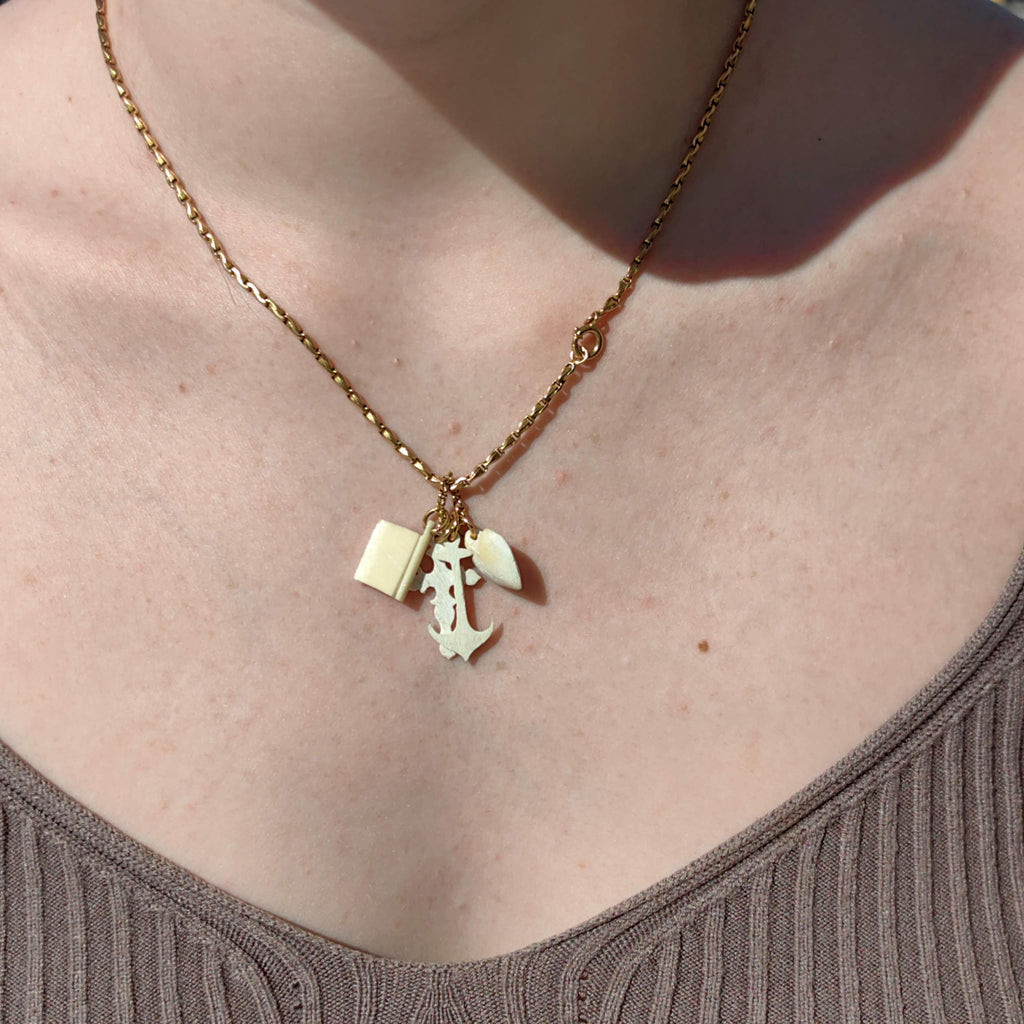 Victorian Bone Charm Pendant: 14k Gold Heart, Cross, Anchor, Book